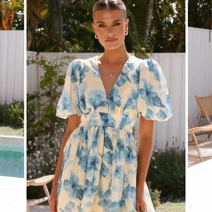 Women's Blue Floral Puff-Sleeve V-Neck Dress